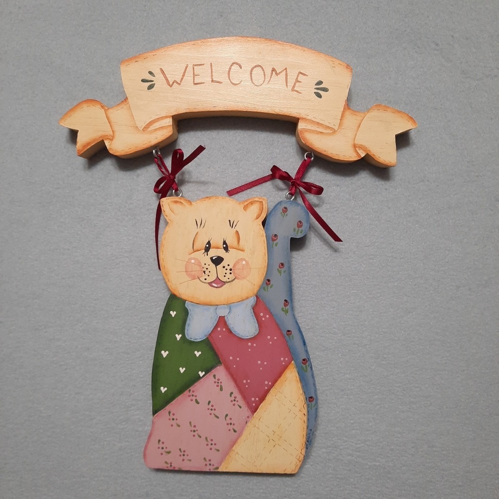 Vintage Hand Painted Wood Cat Welcome Sign Patchwork Folk Art Country Cottagecor